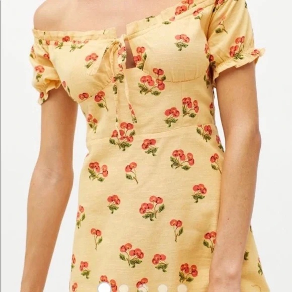 Urban Outfitters yellow off the shoulder cherry linen dress